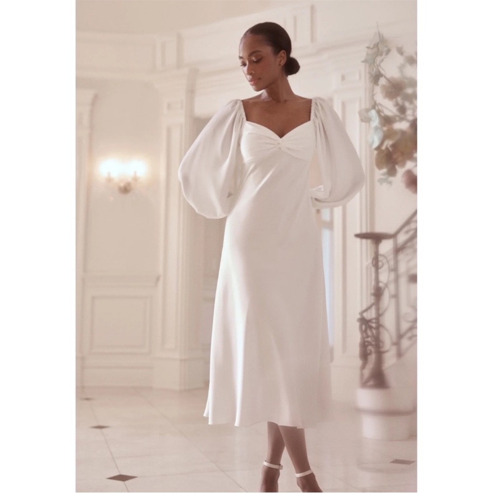 Sachin and Babi Baloon Sleeve Melody Midi Dress Satin Off White
